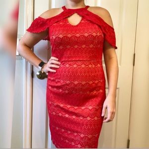 Francesca’s Red Lace Cold Shoulder Cocktail Dress
